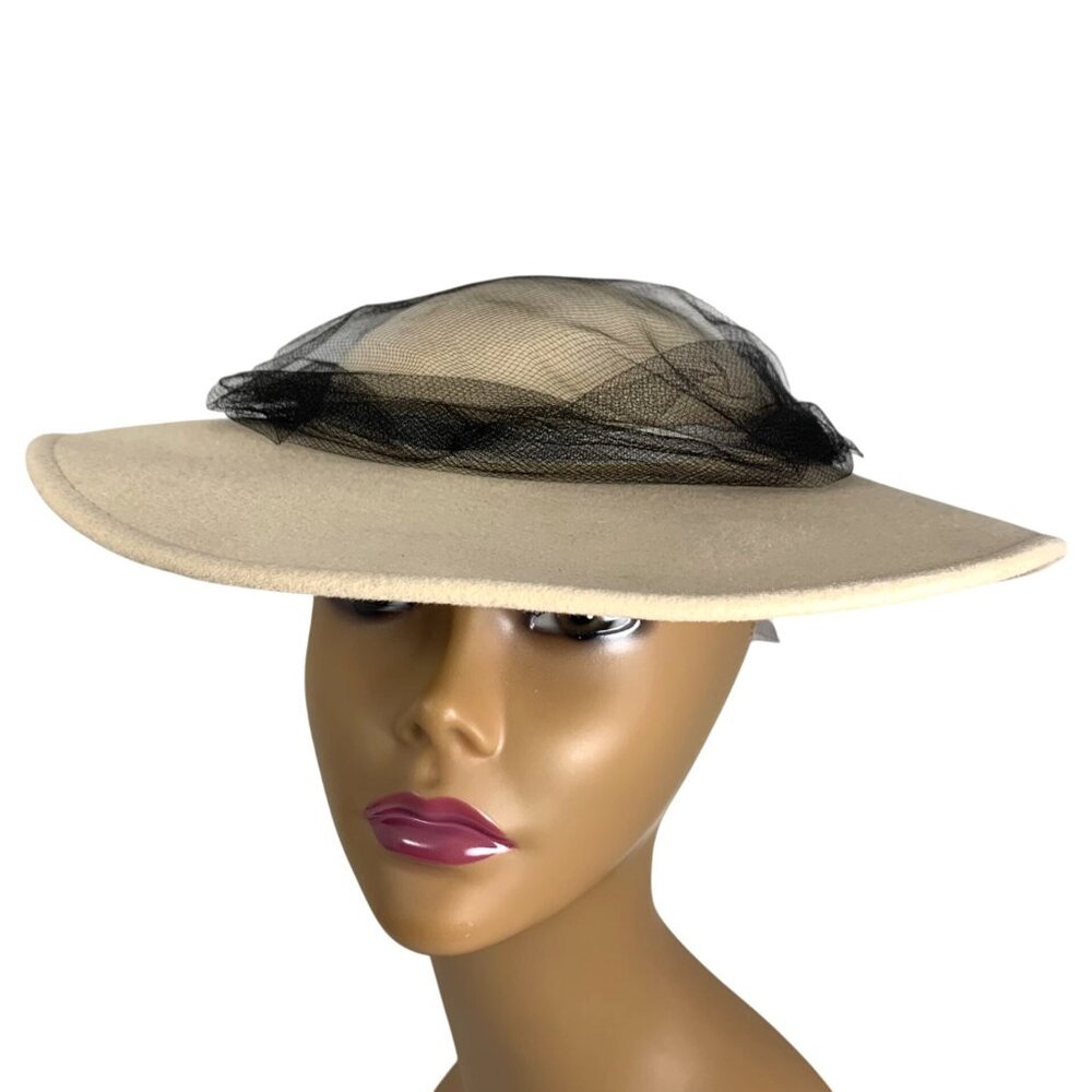 VTG Bollman Off-White Doeskin Felt Wool Hat Black Net Veil Wide Brim Made In USA